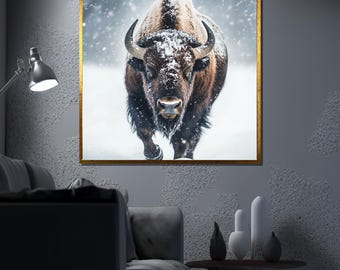Bison Canvas Painting, Snowy Wild Animal Wall Art, Winter Wildlife Decor, Majestic Buffalo Artwork, Bold Nature Gift Idea