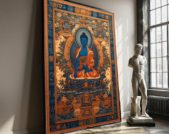Spiritual Wall Decor, Blue Buddha Art Print, Sacred Asian Canvas Painting with Ornamental Details, Calm Zen Home Artwork, Unique Gift