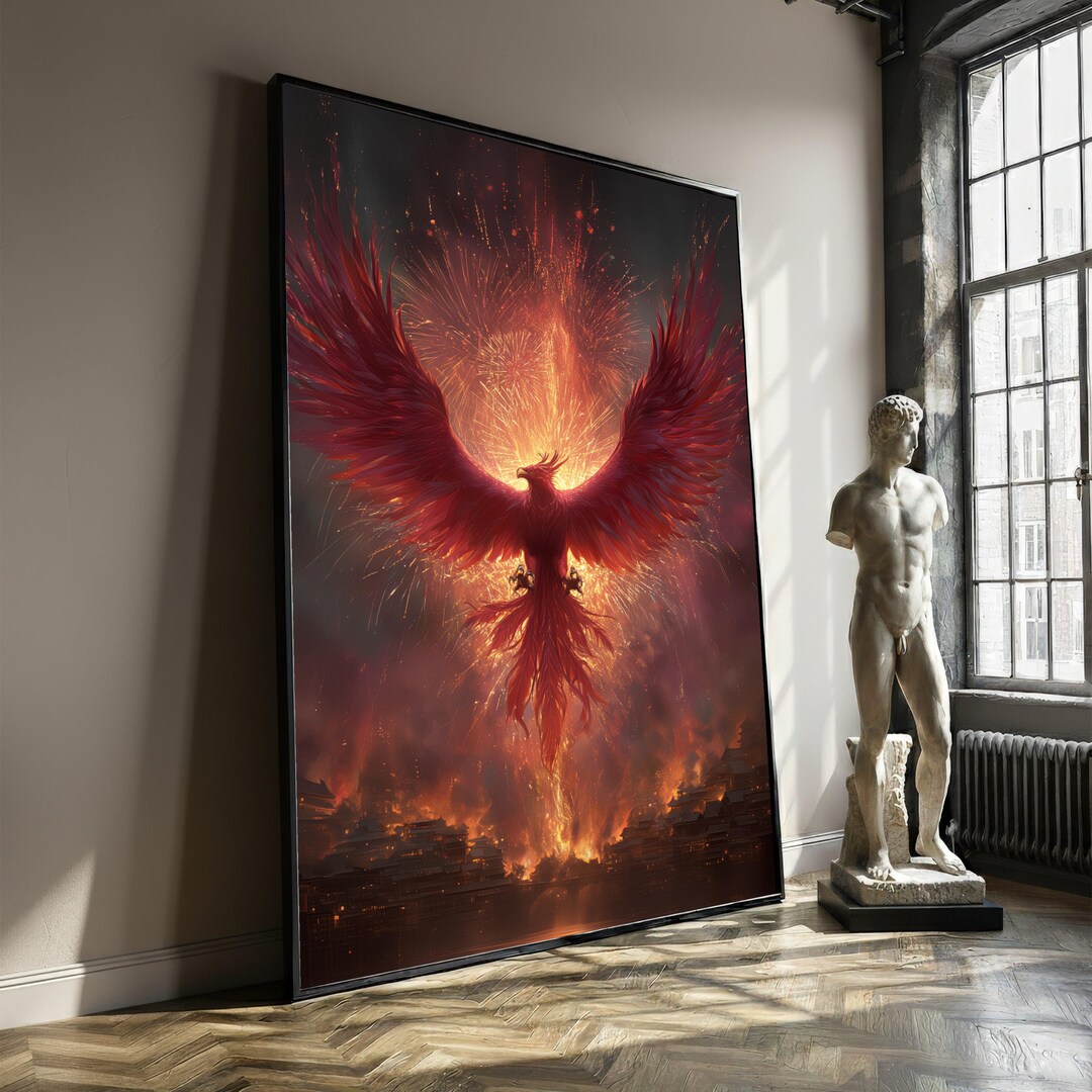 Fiery Phoenix Rising Canvas, Mythical Bird Wall Art, Fantasy Flame ...
