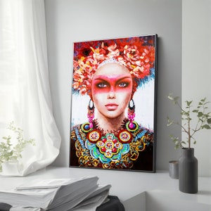 Farben der Schönheit ethnische Frau Leinwandgemälde, lebendige kulturelle Wandkunst, perfekte Wohnkultur, einzigartiges Geschenk für sie