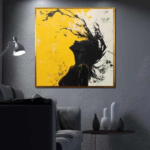 Yellow Abstract Woman Canvas Painting, Bold Silhouette Art, Modern Expressionist Wall Decor, Black and Gold Feminine Portrait Gift
