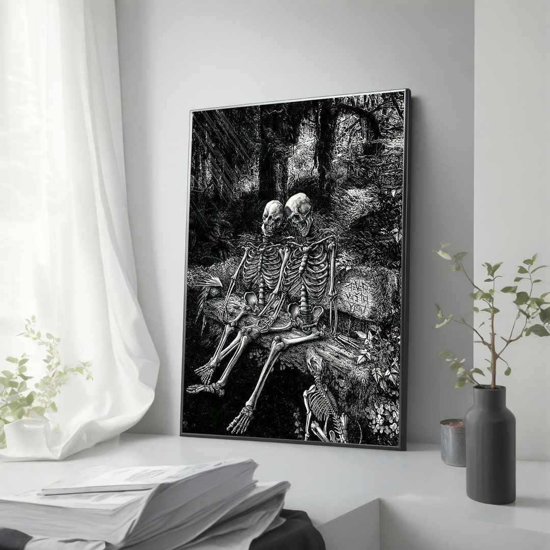 Black and White Skeleton Couple Canvas Painting - Romantic