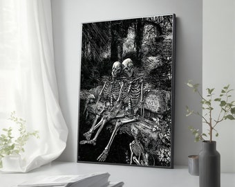 Quadro su tela con coppia di scheletri in bianco e nero - Arte romantica e surreale con teschi per decorazioni gotiche, regalo unico da appendere alla parete.