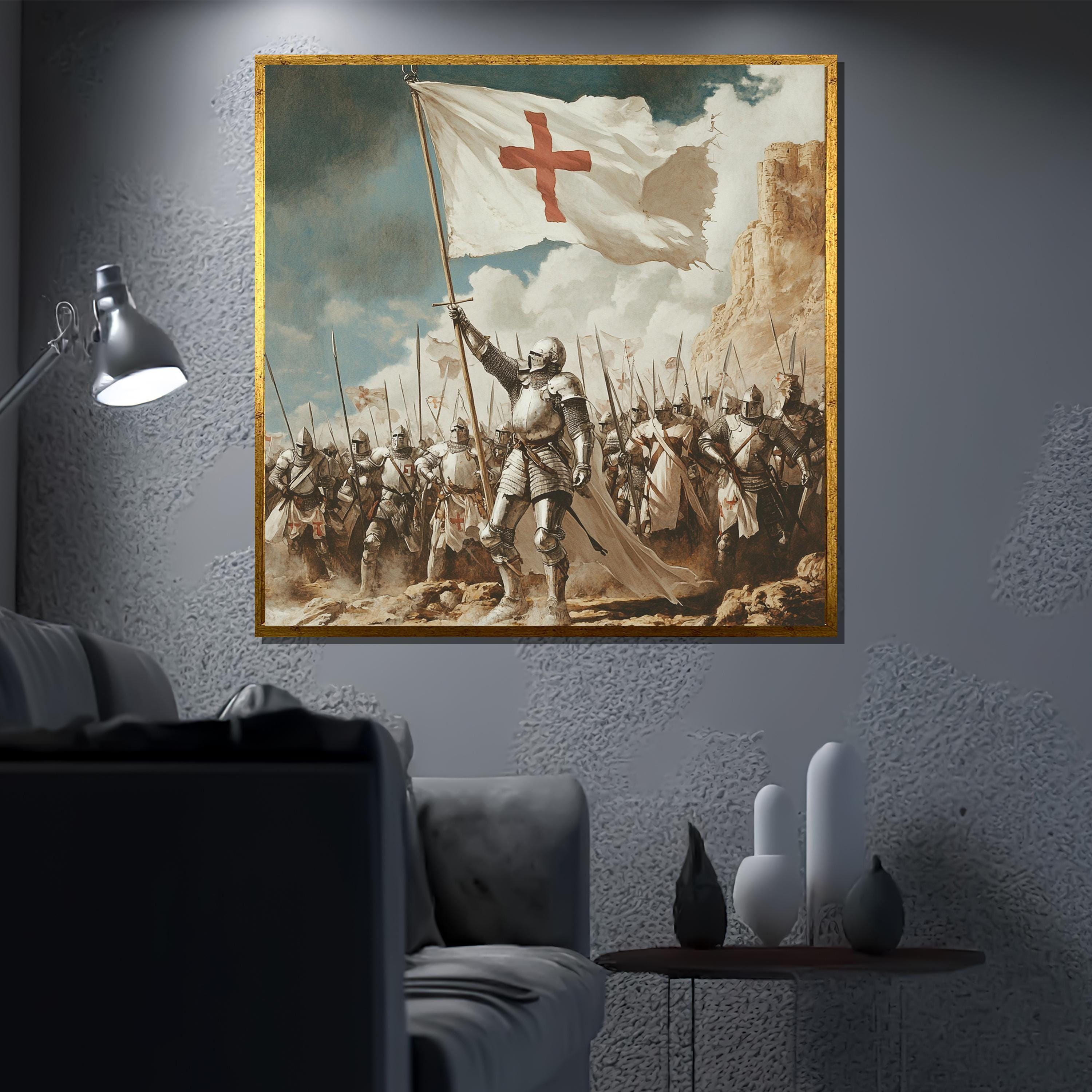 Crusader Knight Canvas Painting, Medieval Army Wall Art, Templar Flag ...