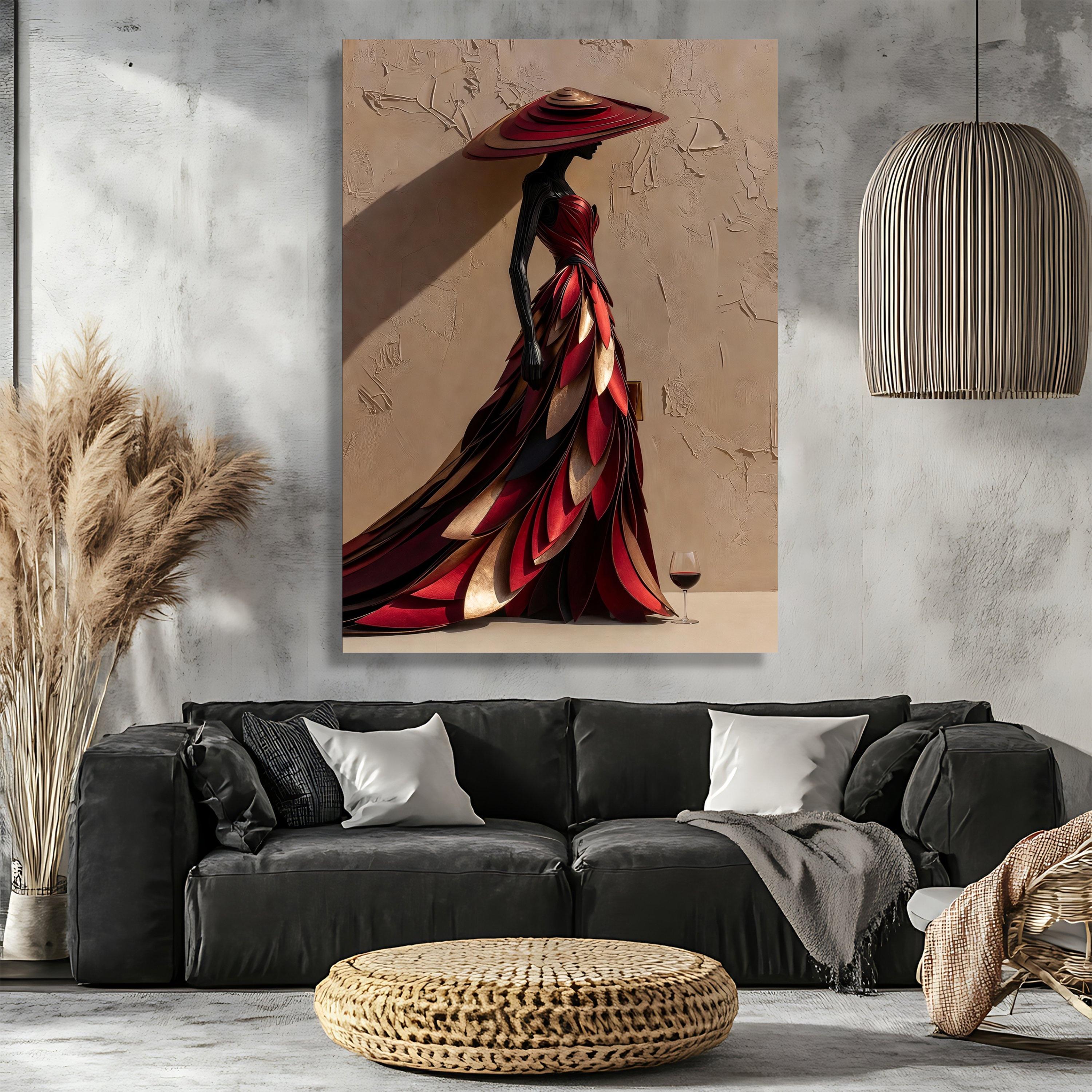 Elegant Woman in Red Feathered Dress Canvas, Abstract Fashion Art ...