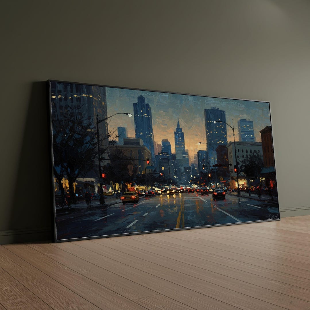 Evening Cityscape, Urban Skyline Canvas, Downtown Street Scene, City ...
