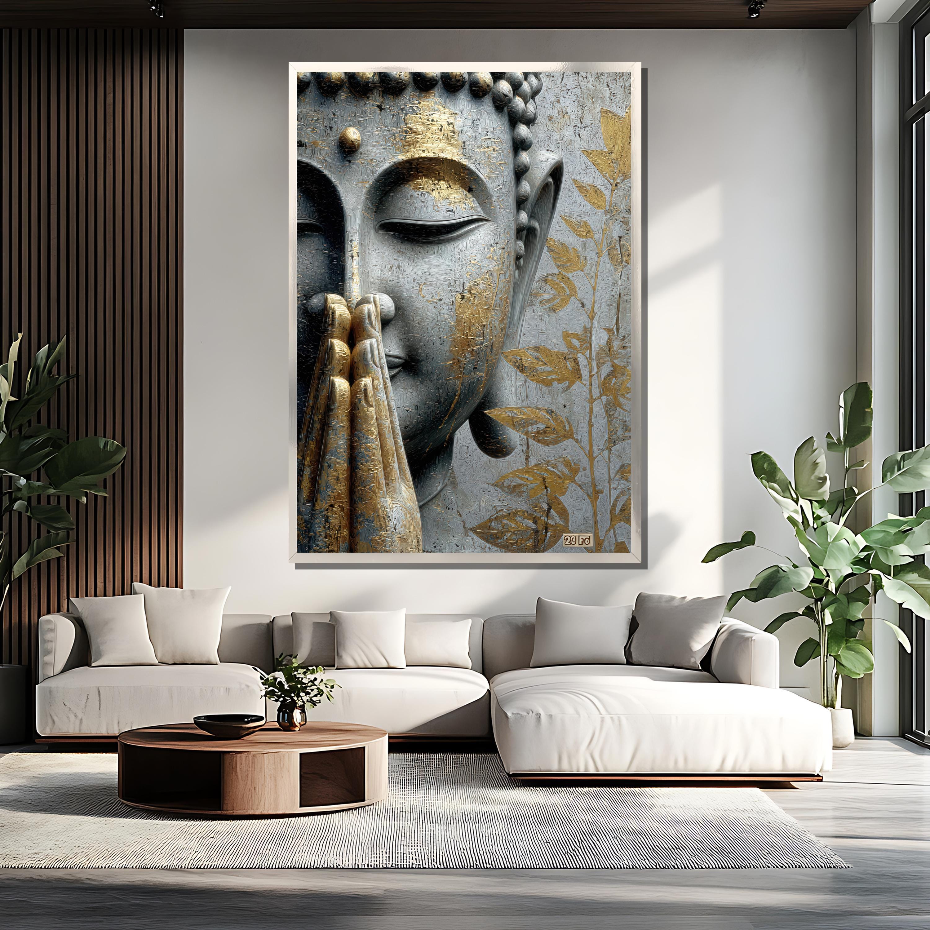 Buddha Canvas Painting, Gold and Gray Zen Wall Art, Spiritual ...