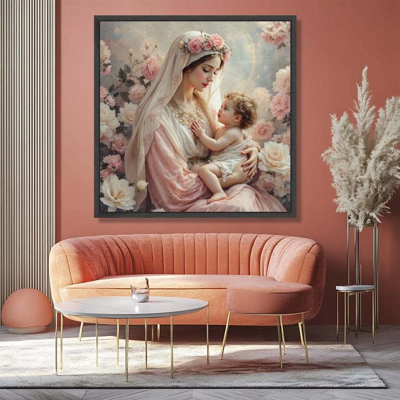 Virgin Mary and Baby Jesus Canvas Painting, Floral Holy Mother Wall Art ...