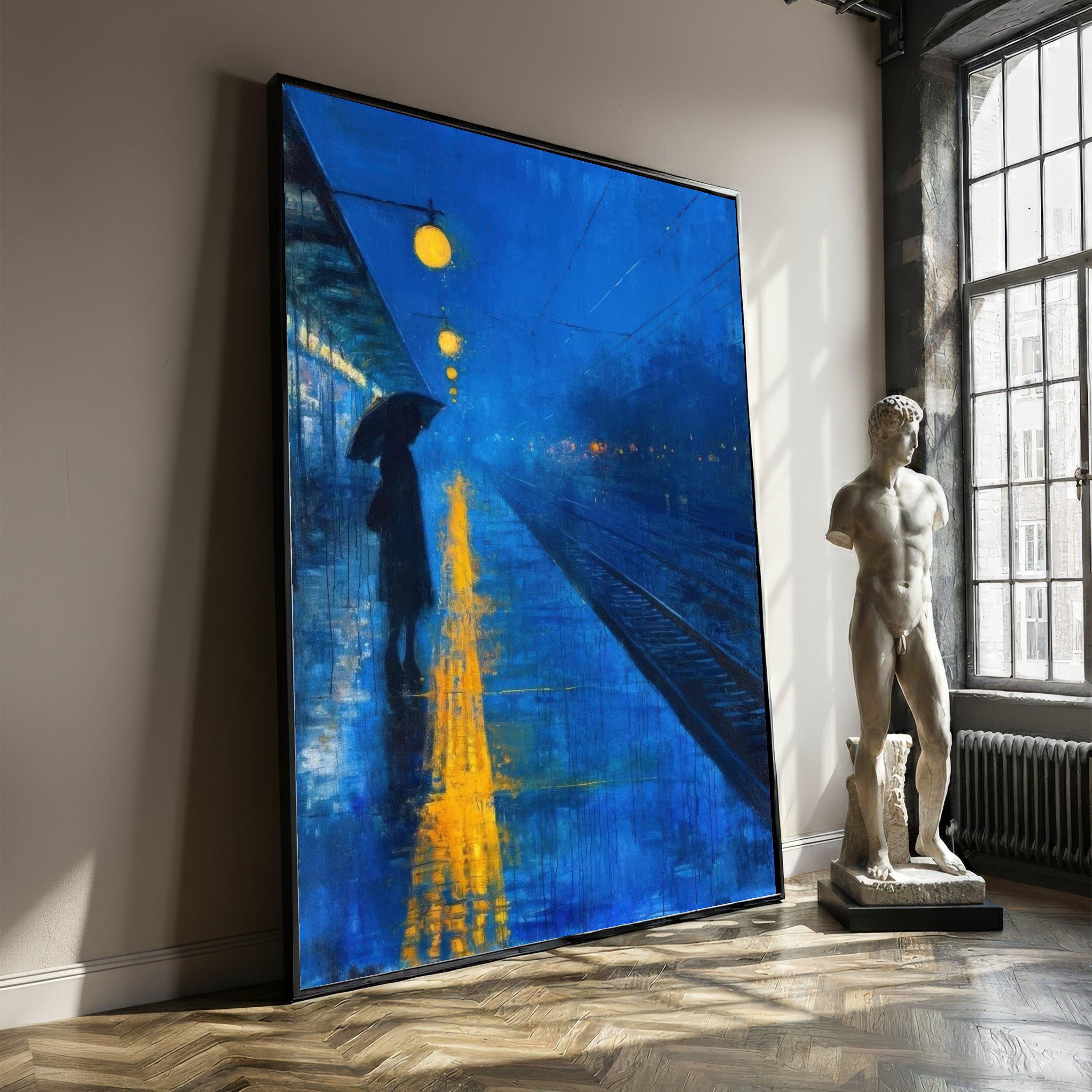 Rainy Night Train Station Canvas Art, Blue Moody Wall Decor with Woman and Umbrella, Emotional Painting for Bedroom, Artistic Gift Idea