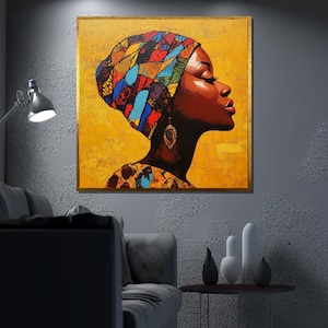 African Woman Canvas Painting, Colorful Headwrap Wall Art, Black Queen Profile Portrait, Bold Afrocentric Decor, Unique Gift Idea