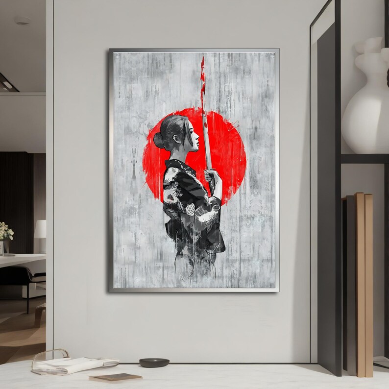 Japanese Swordsman Woman Canvas Painting, Elegant Samurai Warrior Art ...