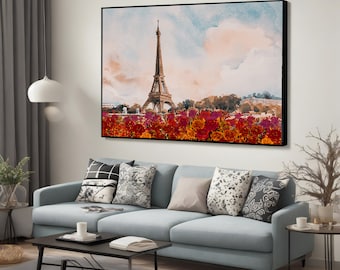 May include: A watercolor painting of the Eiffel Tower in Paris, France. The tower is surrounded by a field of red, orange, and yellow flowers. The painting is framed in a black frame and is hanging on a white wall.