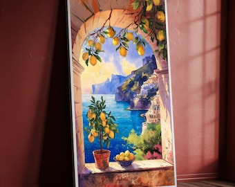 Könnte beinhalten: Gerahmtes Aquarellgemälde, das eine italienische Küstenlandschaft darstellt. Ein Zitronenbaum in einem Terrakottatopf steht auf einer Fensterbank, mit einer Schale mit Zitronen. Der Blick durch einen Bogen zeigt blaues Meer, Klippen und Gebäude.