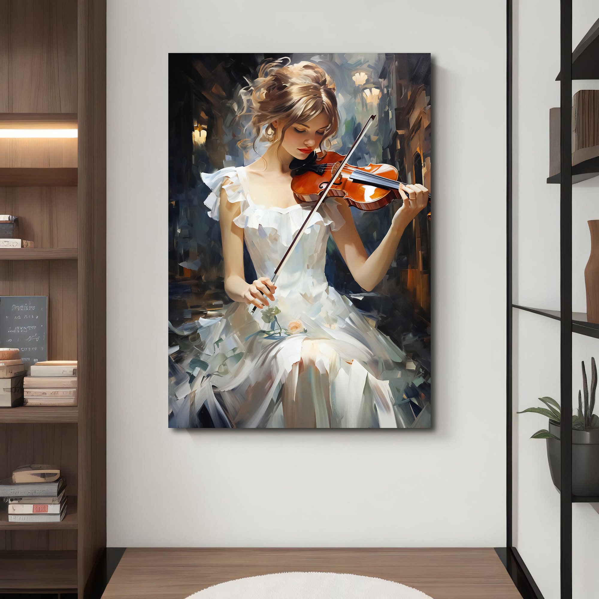 White Dress Woman Playing Violin Canvas Painting - Elegant Musical Wall ...