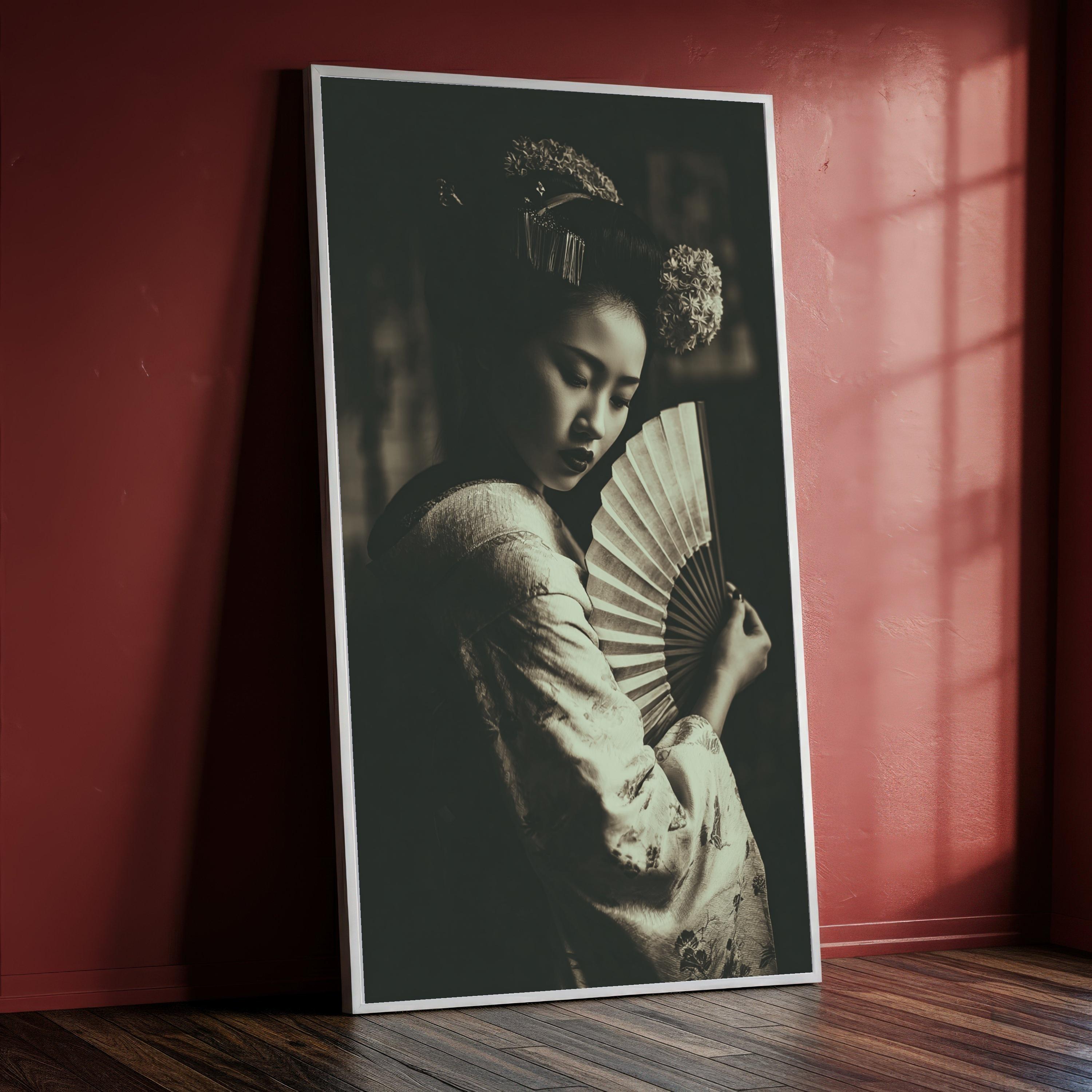 Elegant Japanese Geisha Portrait Canvas, Vintage Style Kimono Wall Art ...