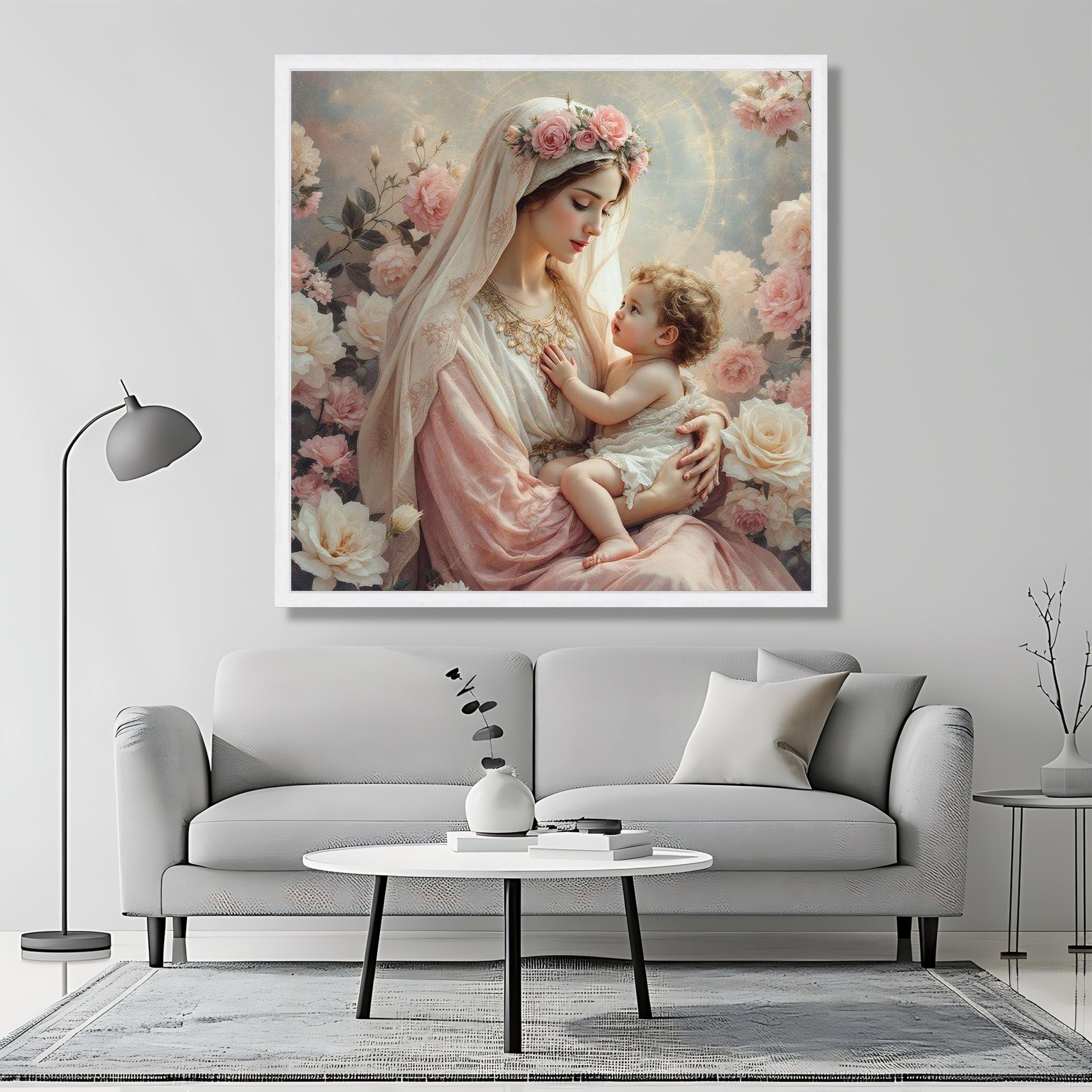 Virgin Mary and Baby Jesus Canvas Painting, Floral Holy Mother Wall Art ...