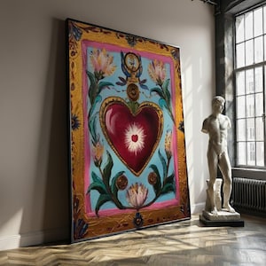 Sacred Heart Canvas Painting, Colorful Religious Wall Art, Floral Christian Decor, Spiritual Symbol Home Accent, Unique Gift