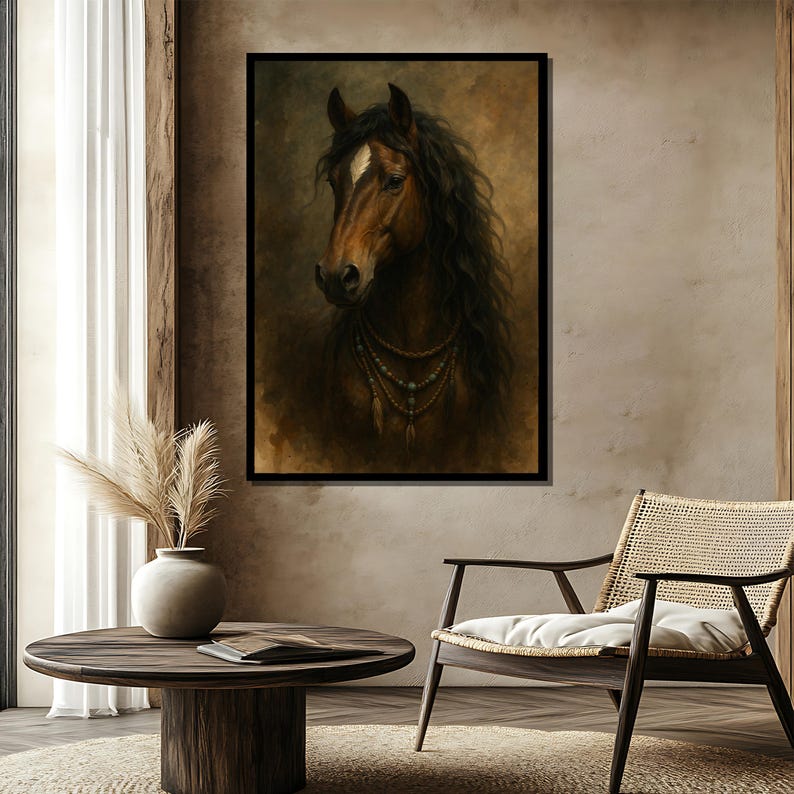 Pu&ograve; includere: Ritratto incorniciato di un cavallo con manto marrone e lunga criniera nera fluente. Il cavallo indossa una collana di perline con piume. L'opera d'arte ha uno stile vintage con una calda tavolozza di colori.
