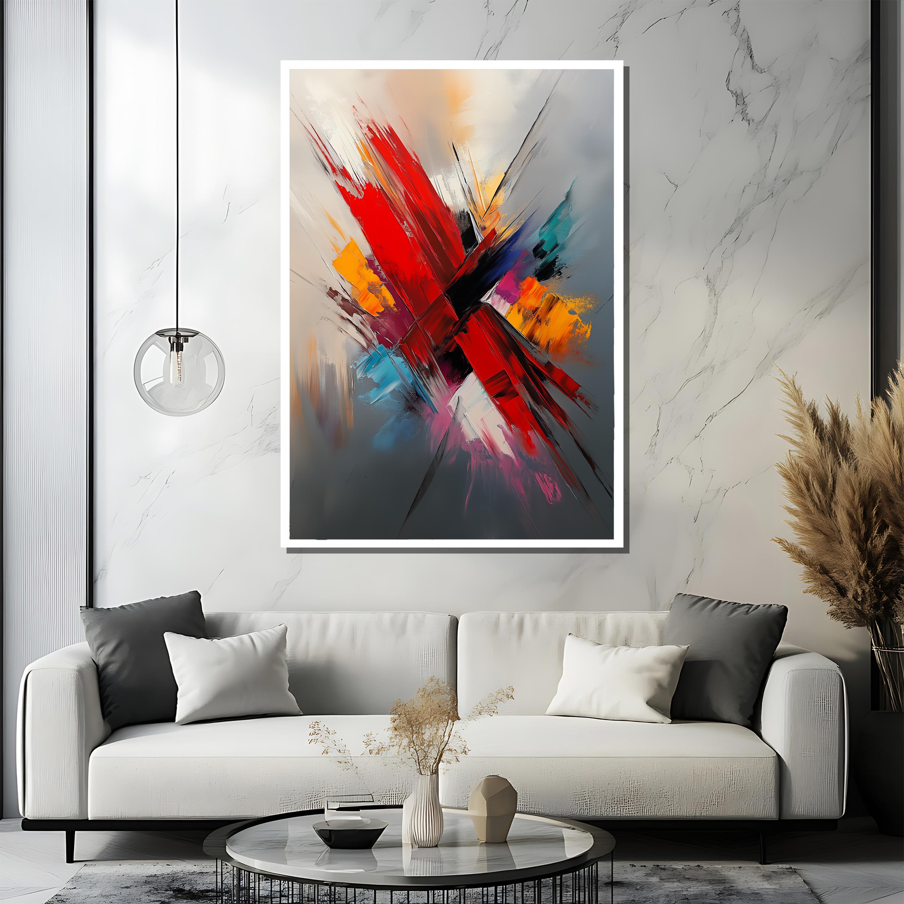 Abstract Red Canvas Painting, Modern Geometric Wall Art, Bold Colorful ...