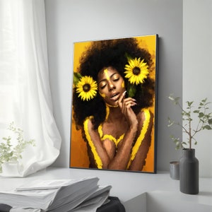 Half-Naked Woman with Yellow Daisies Canvas Painting, Sensual American Woman Wall Art, Perfect Unique Art Gift