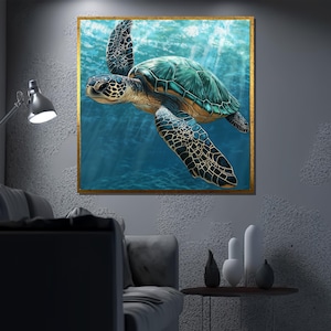 Sea Turtle Canvas Painting, Ocean Wildlife Wall Art, Underwater Marine Life Print, Tropical Beach Decor, Gift for Ocean and Nature Lovers