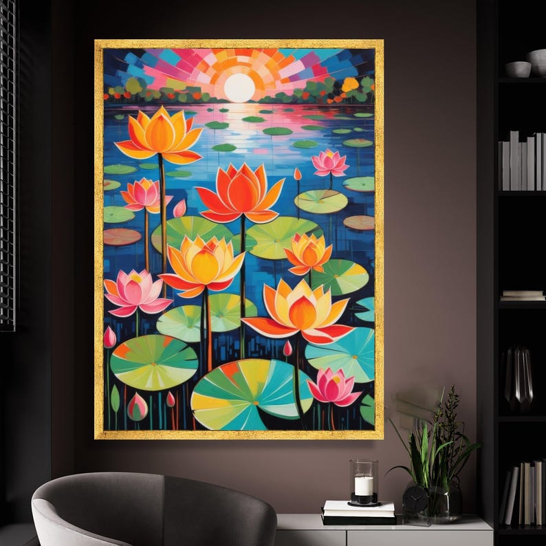 Lotus Flower Canvas Wall Art, Colorful Water Lily Painting for ...