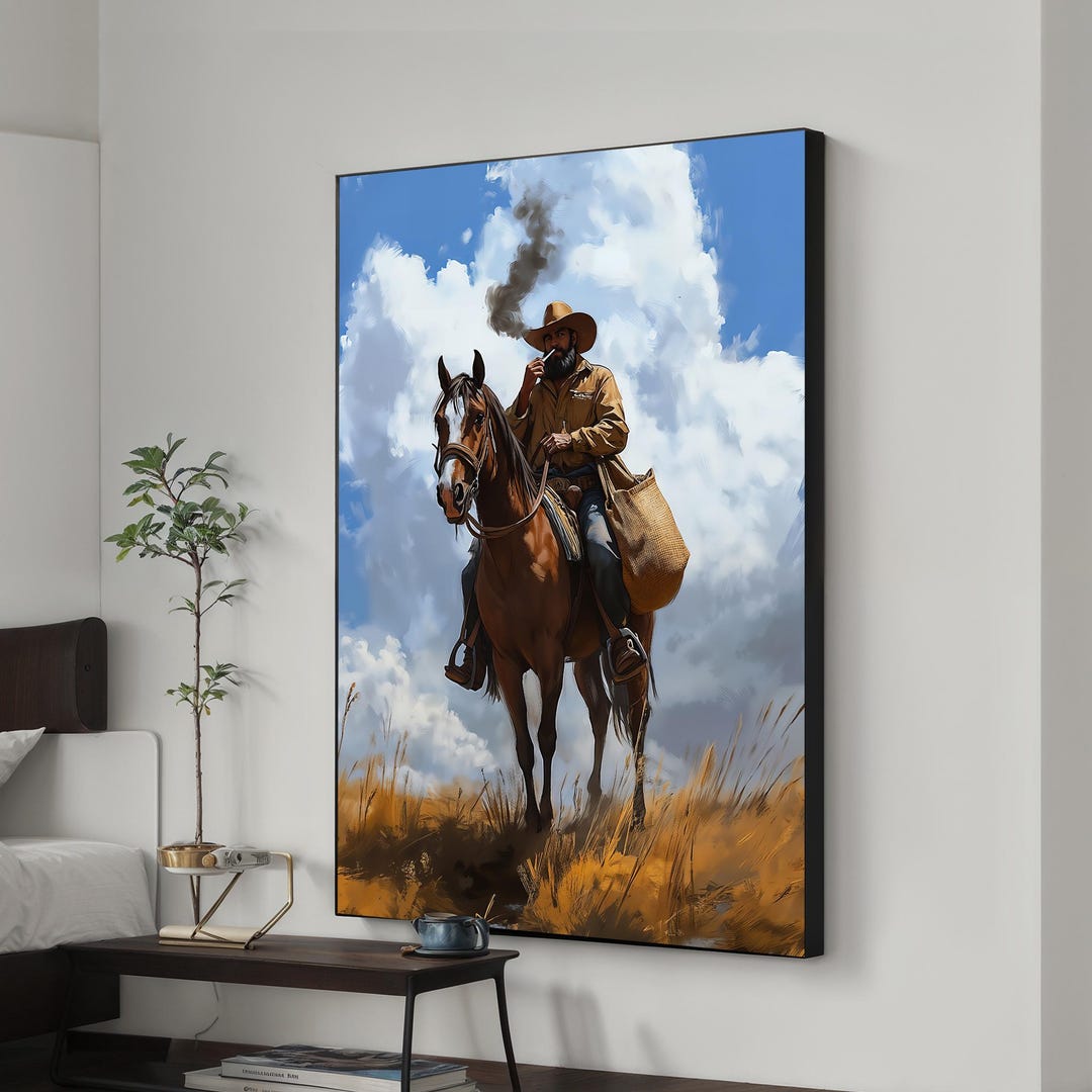 Western Cowboy Canvas Painting, Rustic Horse Rider Art, Wild West Wall