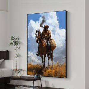Western Cowboy Canvas Painting, Rustic Horse Rider Art, Wild West Wall Decor, Vintage Western Print, Cowboy Home Gift, Country Style Artwork