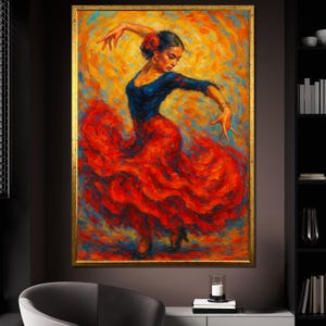 Flamenco Dancer Canvas Painting, Elegant Woman In Red Dress With Fiery Motion, Expressive Spanish Art, Passionate Wall Decor, Dance Art Gift
