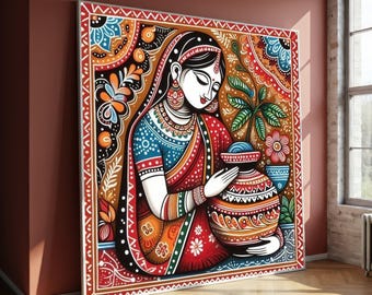 Traditional Indian Woman with Pot Canvas, Ethnic Folk Art Painting, Colorful Cultural Wall Art, Indian Heritage Home Decor, Gift Idea