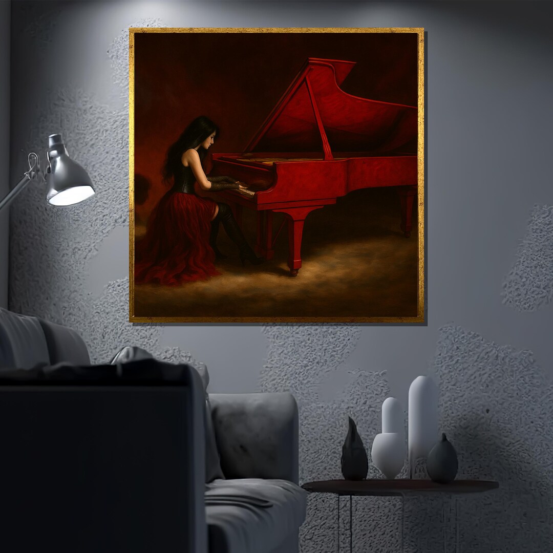 Elegant Woman With Red Piano Canvas Painting, Dark Classical Music Art ...