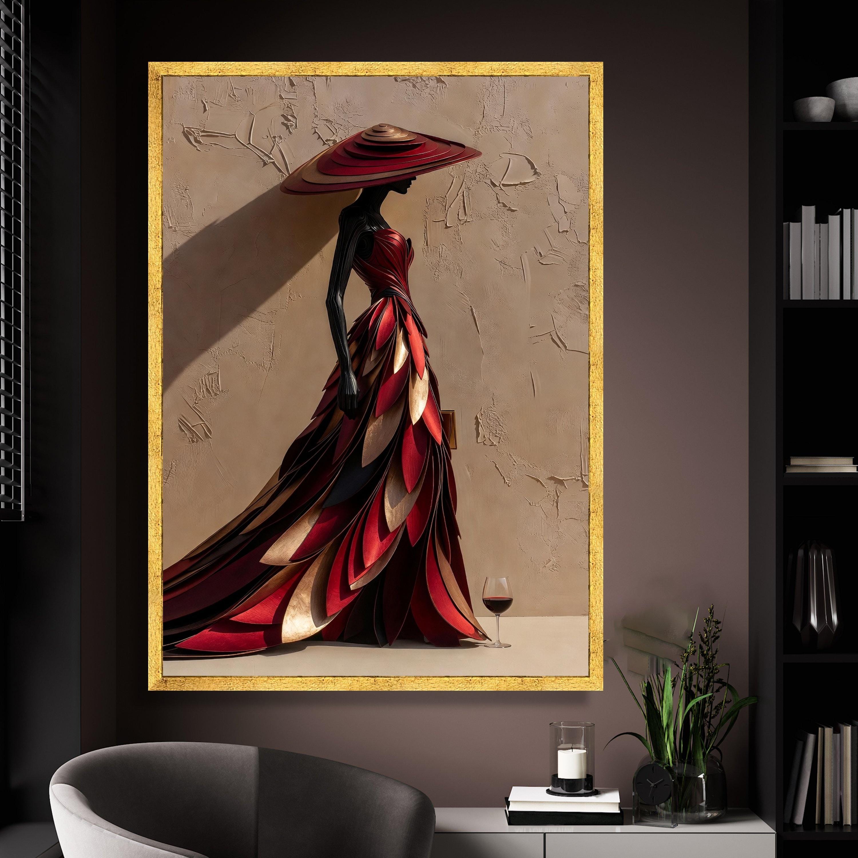 Elegant Woman in Red Feathered Dress Canvas, Abstract Fashion Art ...