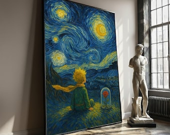 Little Prince Canvas Painting, Starry Night Inspired Wall Art with Rose and Sky, Whimsical Blue Bedroom Decor, Unique Fantasy Art Gift