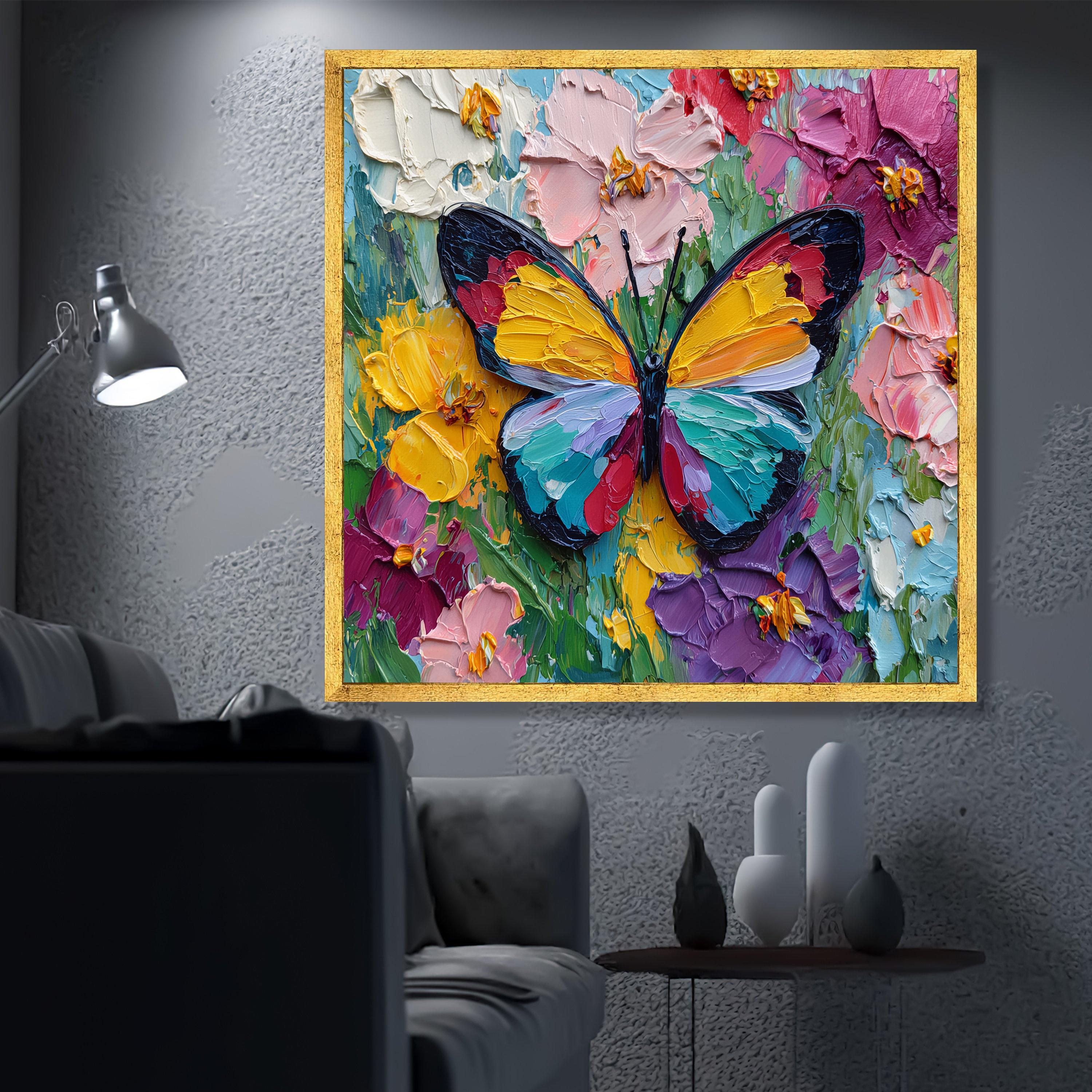 Colorful Butterfly Canvas Painting, Vibrant Floral Wall Art, Rainbow ...