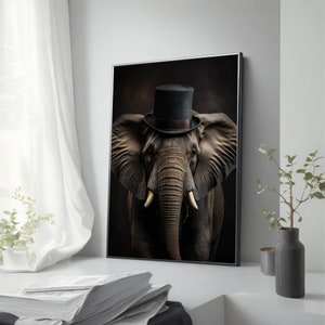 May include: A black and white photograph of an elephant wearing a black top hat. The elephant is looking directly at the camera. The background is a dark brown color.
