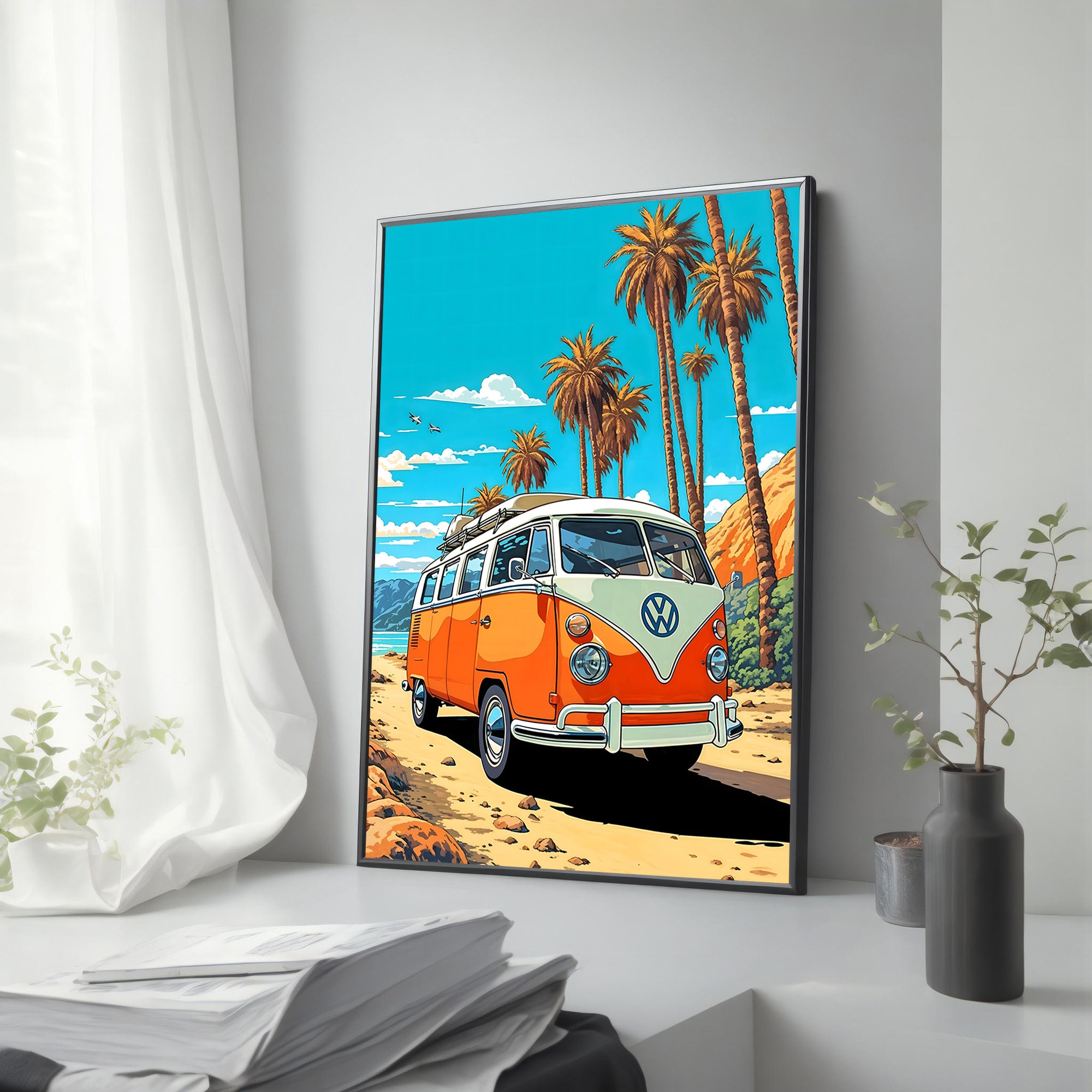 Retro Van in Tropical Paradise Canvas Painting, Tropical Minibus
