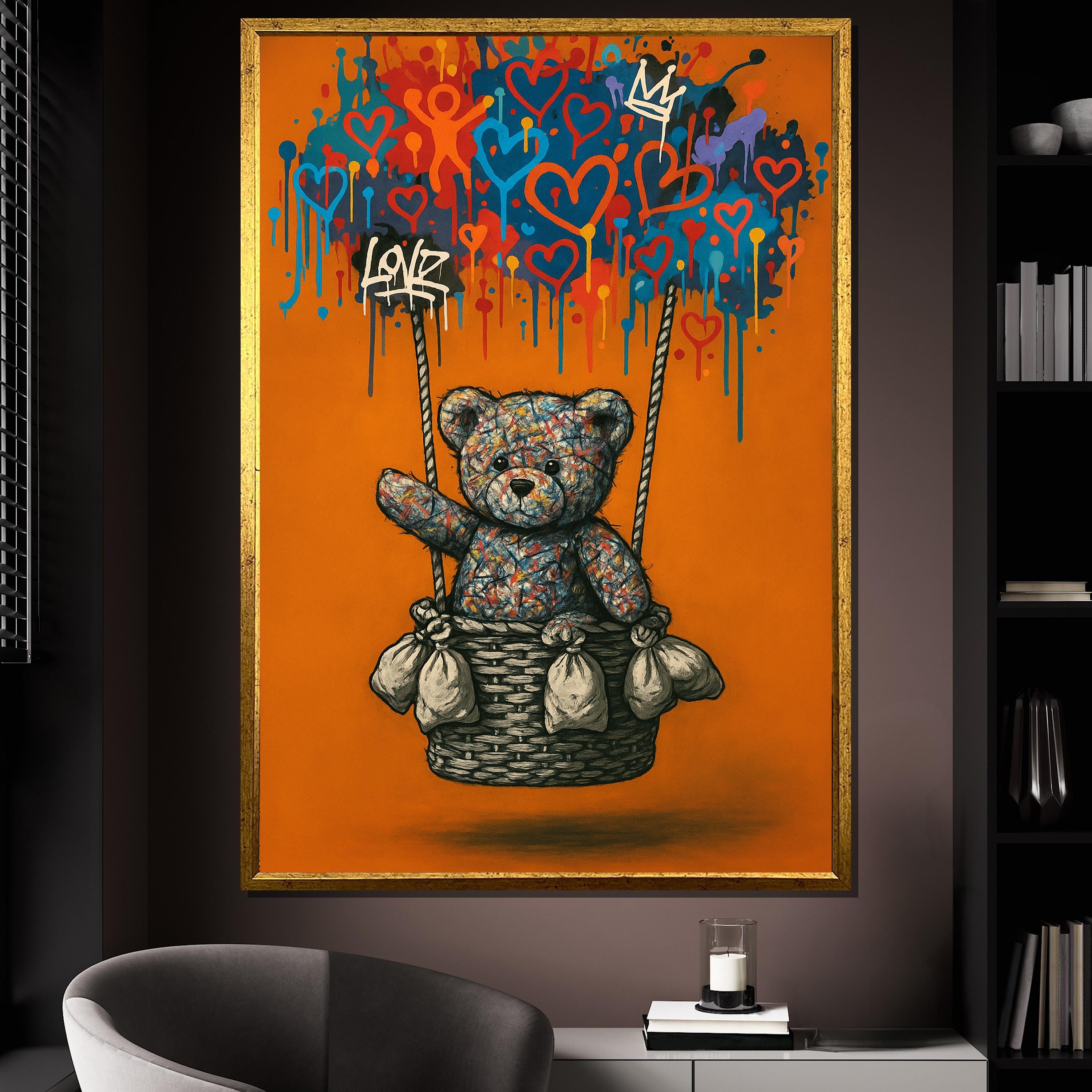 Teddy Bear Graffiti Canvas Painting With Colorful Love Hearts