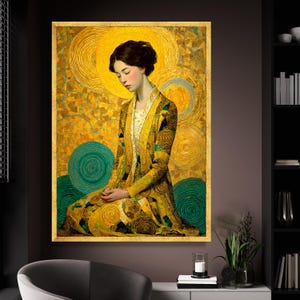 Gustav Klimt Woman in Gold Circles Canvas, Modern Art Portrait Wall Art, Abstract Mosaic Style, Luxe Home Decoration image 2