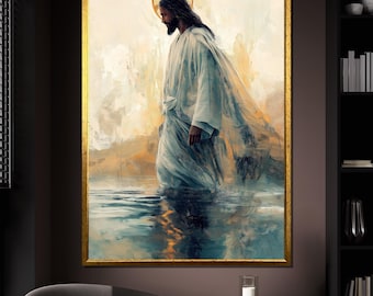 Jesus Walking on Water Canvas Painting, Religious Christian Wall Art, Faith Decor for Living Room, Spiritual Home Accent, Art Gift