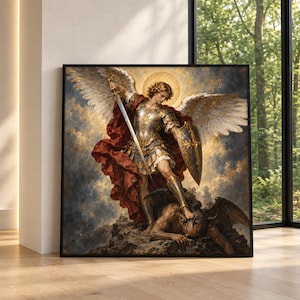 Ärkeängeln Mikael Canvastavla, Sankt Mikael Väggkonst, Ängelbesegrande Djävulen Konsttryck, Kristen Religiös Dekor, Bibliskt Konstverk