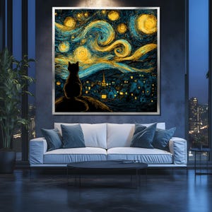 May include: A framed art print depicting a black cat silhouette gazing at a starry night scene. The artwork features swirling blue and yellow brushstrokes, reminiscent of Van Gogh's style, with a village scene below. The print is displayed above a white sofa.