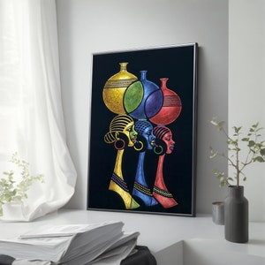 Colorful African Women with Pottery Canvas Art, Vibrant Ethnic Canvas Painting, Colorful Ethnic Wall Art, Unique Cultural Artwork