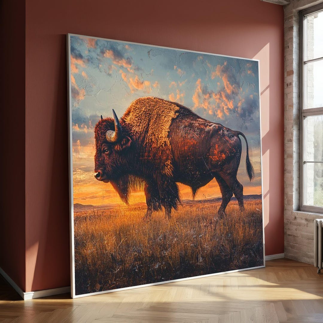 Wild Bison Canvas Painting, Sunset Prairie Wall Art With Majestic ...