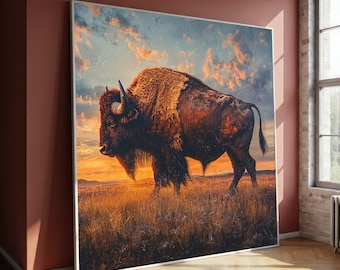 Wilder Bison Leinwand Gemälde, Sonnenuntergang Prärie Wandkunst mit majestätischem Büffel, Rustikale Western Tier Kunstwerk, Amerikanische Wildtier Kunst Geschenk