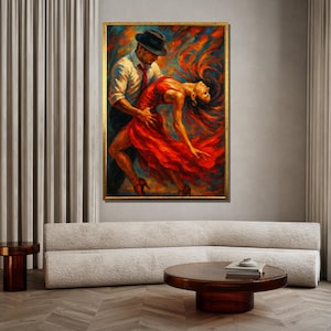 May include: A painting of a couple dancing. The man is wearing a black hat and a white shirt, and the woman is wearing a red dress. The painting is done in a colorful style with bold strokes.