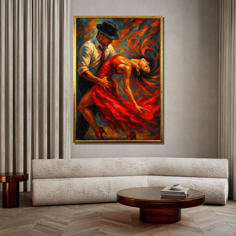 May include: A painting of a couple dancing. The man is wearing a black hat and a white shirt, and the woman is wearing a red dress. The painting is done in a colorful style with bold strokes.