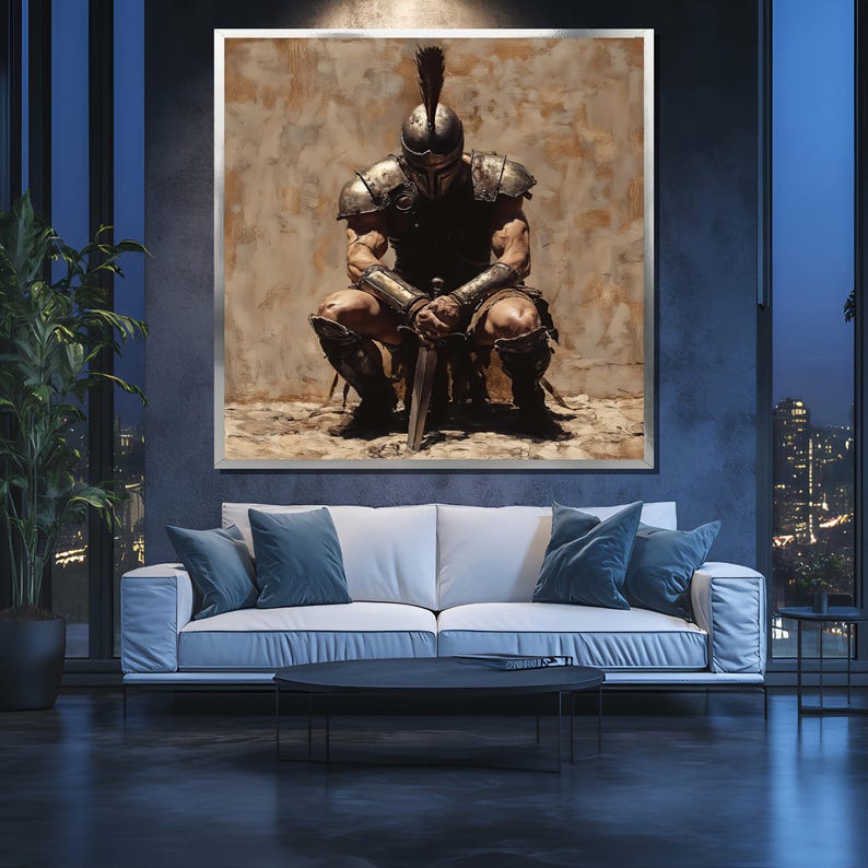 May include: A painting of a warrior in armor kneeling with a sword in his hands. The warrior is wearing a helmet with a plume and is looking down. The background is a brown wall.