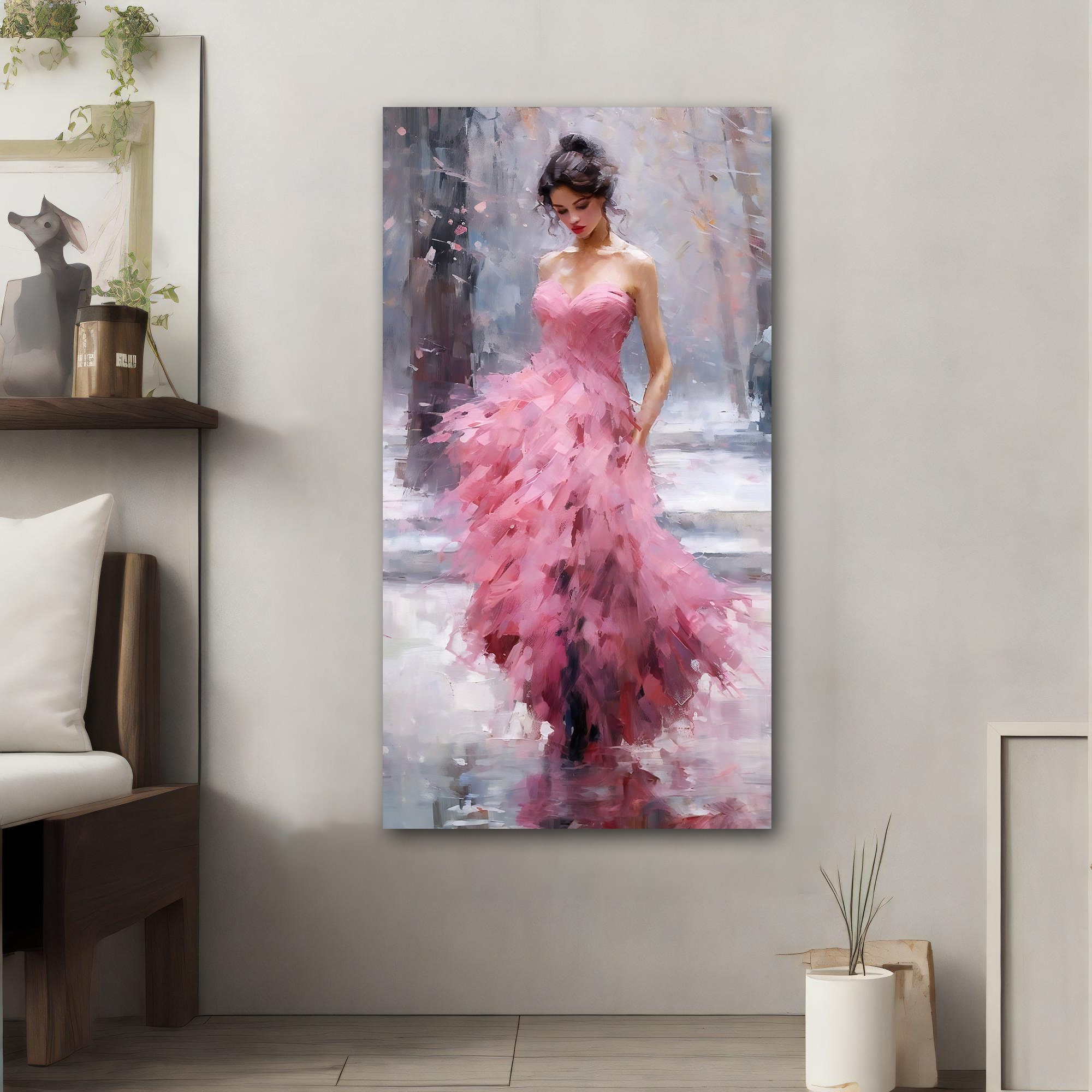 Sexy Woman in Pink Dress Canvas Painting - Elegant Fashion Wall Decor ...