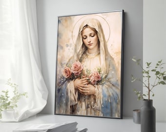 Blessed Virgin Mary Art Canvas Painting, Ready to Hang Wall Decor, Virgin Mary Wall Art, Christian Mary our Mother Gift
