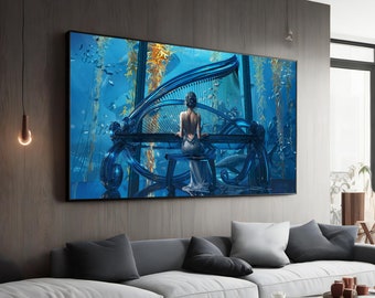 Vrouw speelt piano canvas schilderij - elegante muzikale muur decor voor thuis, perfecte pianist kunst cadeau